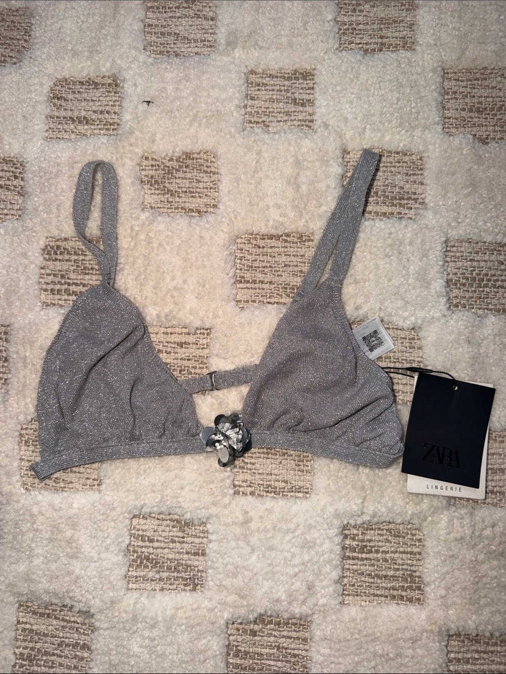 ZARA Metallic Silver Triangle Bralette with Center Embellishment